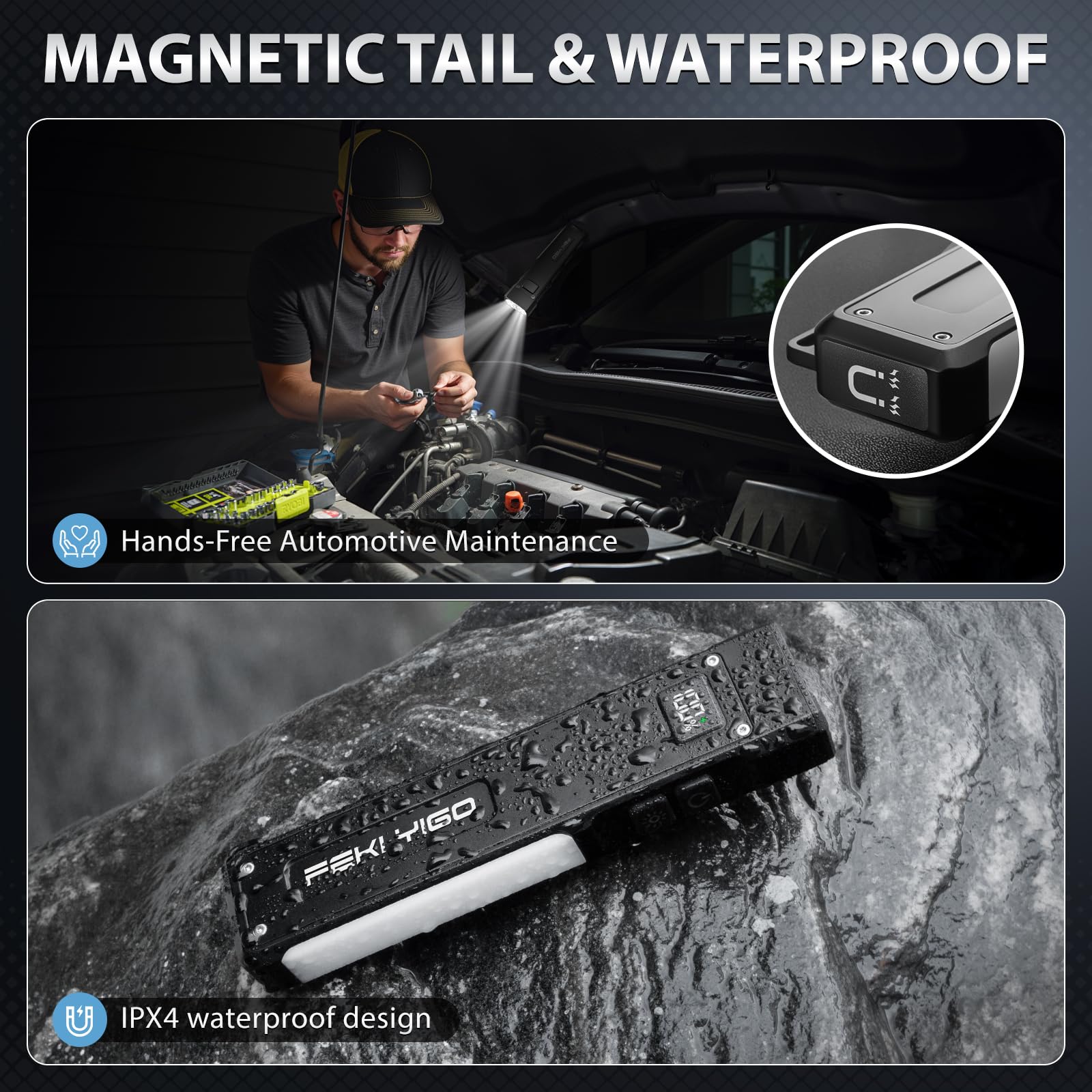 Feki Yigo magnetic base provides hands-free lighting on metal surfaces.