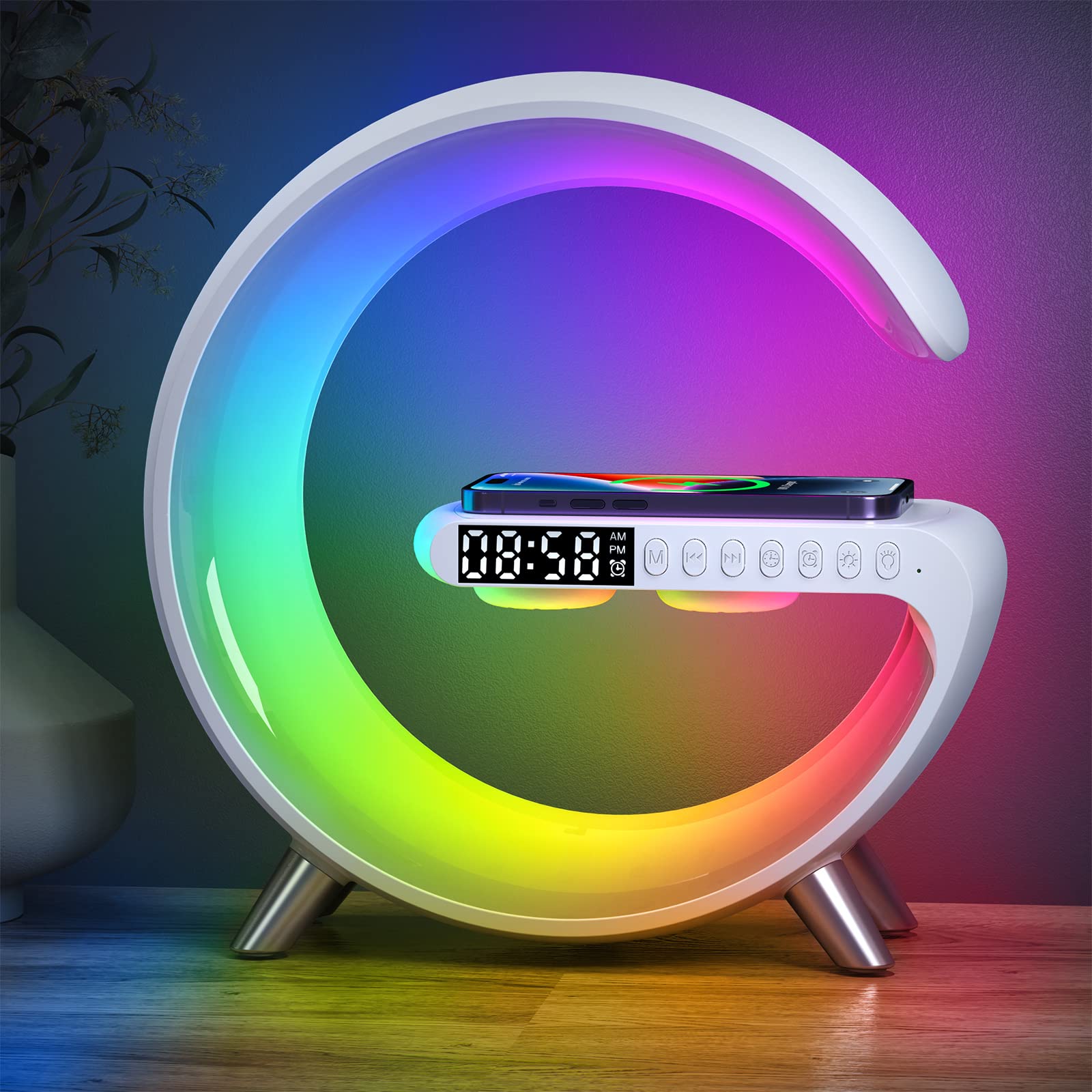 Feknnedm G-shaped lamp design creates chic bedside ambiance.