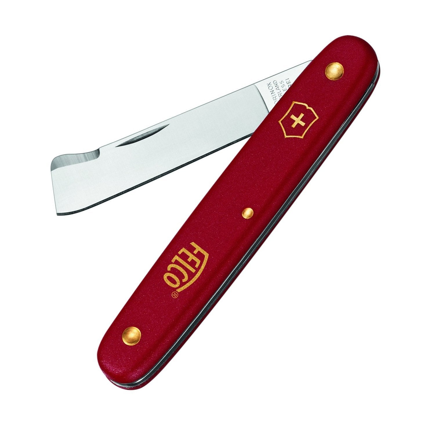 Felco grafting knife showing bark lifter on blade for bark lifting.