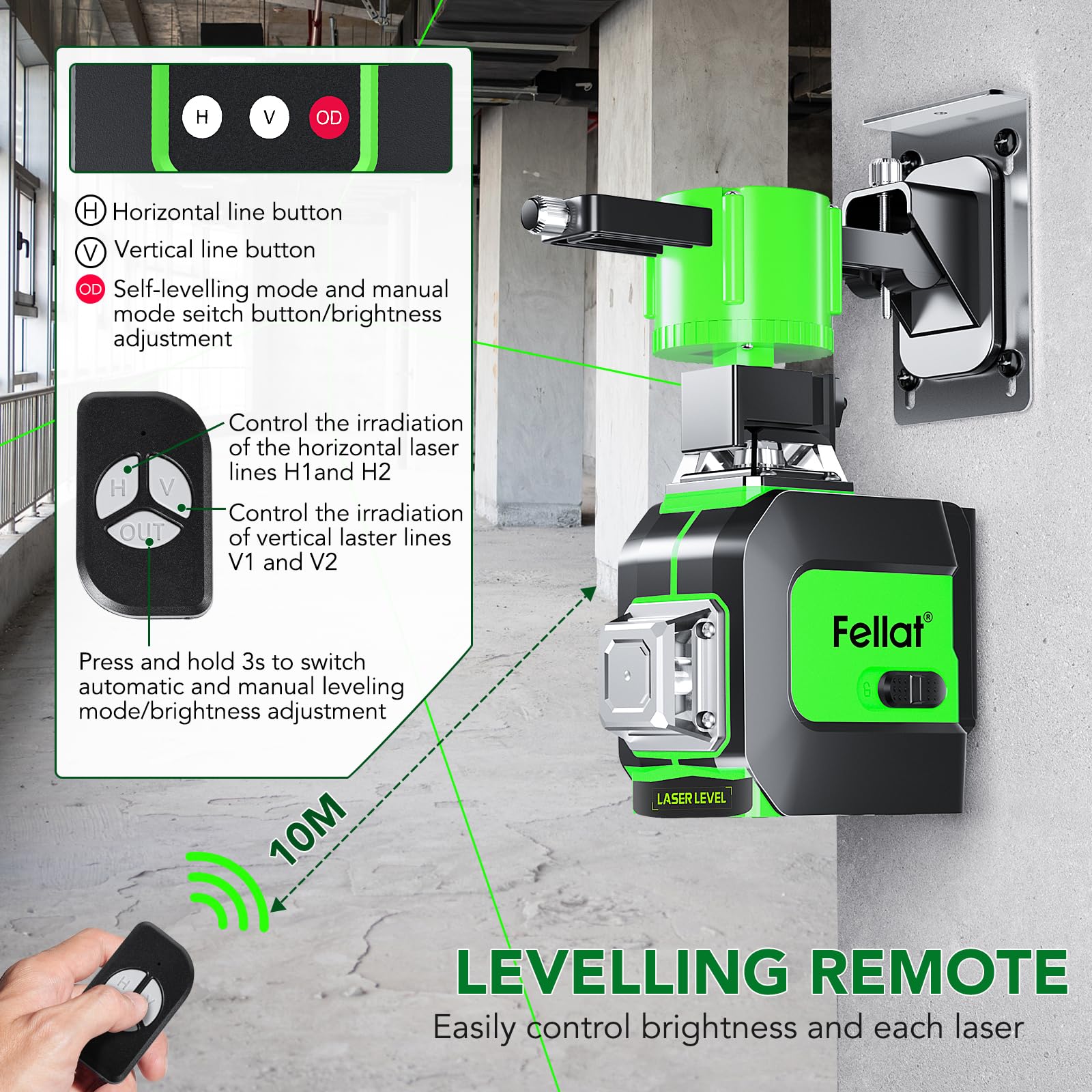 FELLAT laser level magnetic rotating base enables flexible mounting.