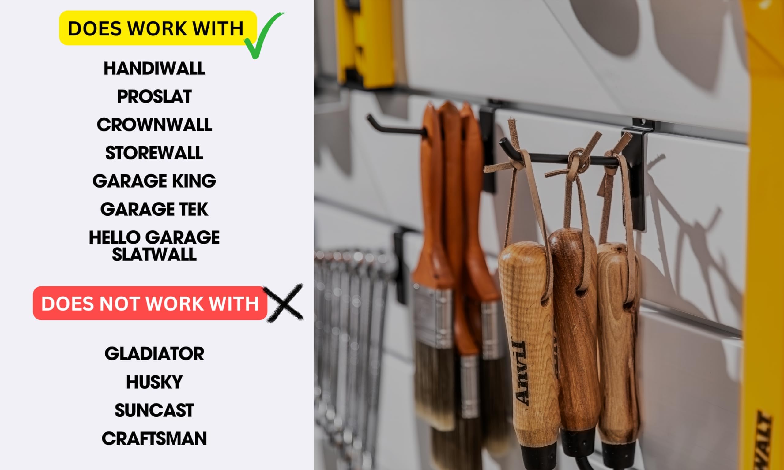 FELLER compatible systems hook enables versatile garage organization.