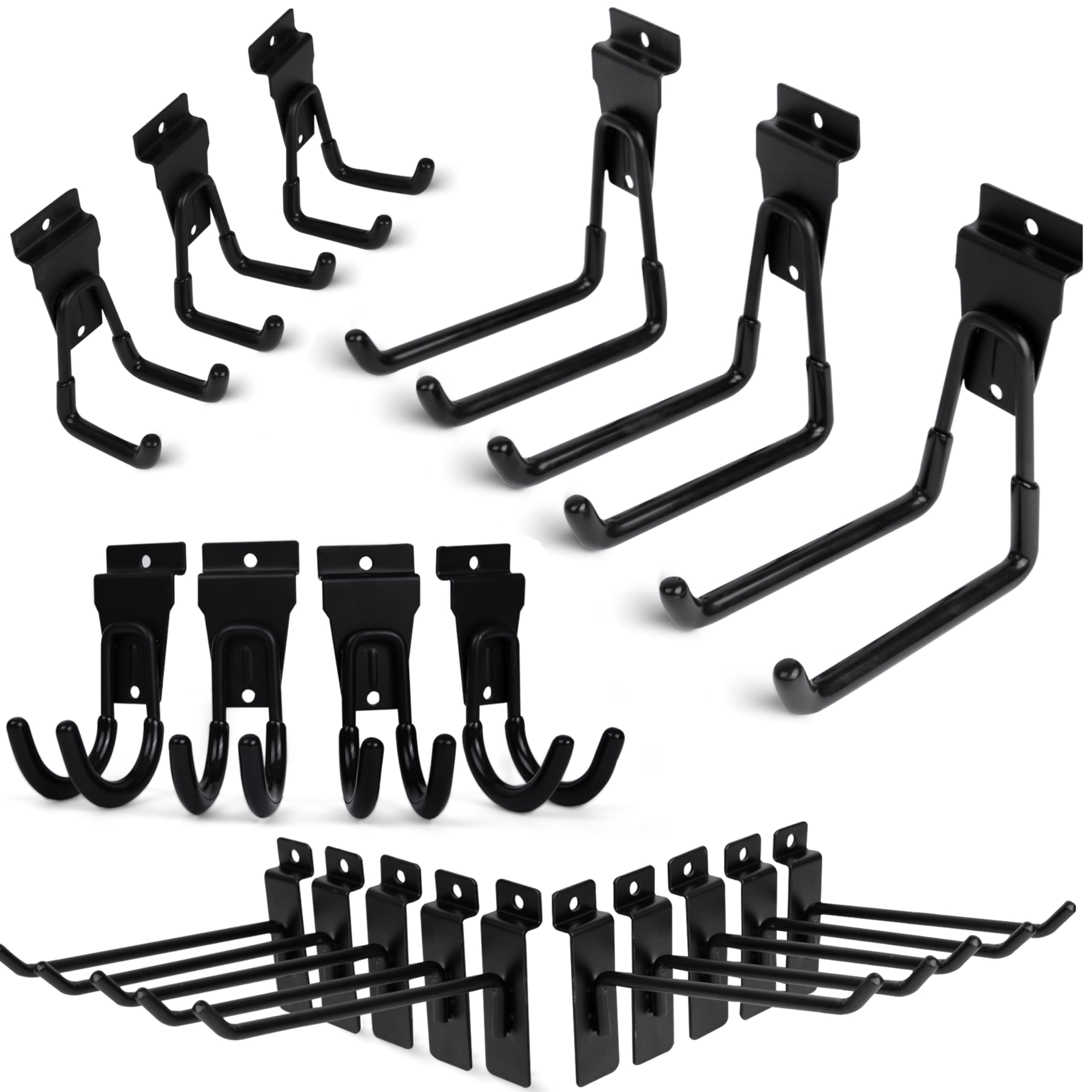 FELLER Slatwall heavy-duty single hook with rubber grip for secure garage storage.