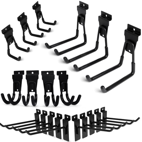 FELLER Slatwall heavy-duty single hook with rubber grip for secure garage storage.