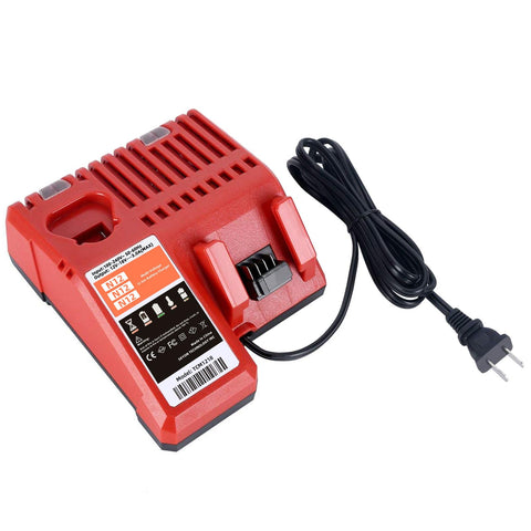 Feltyf Milwaukee charger front view emphasizes dual-voltage compatibility for 12V and 18V packs.