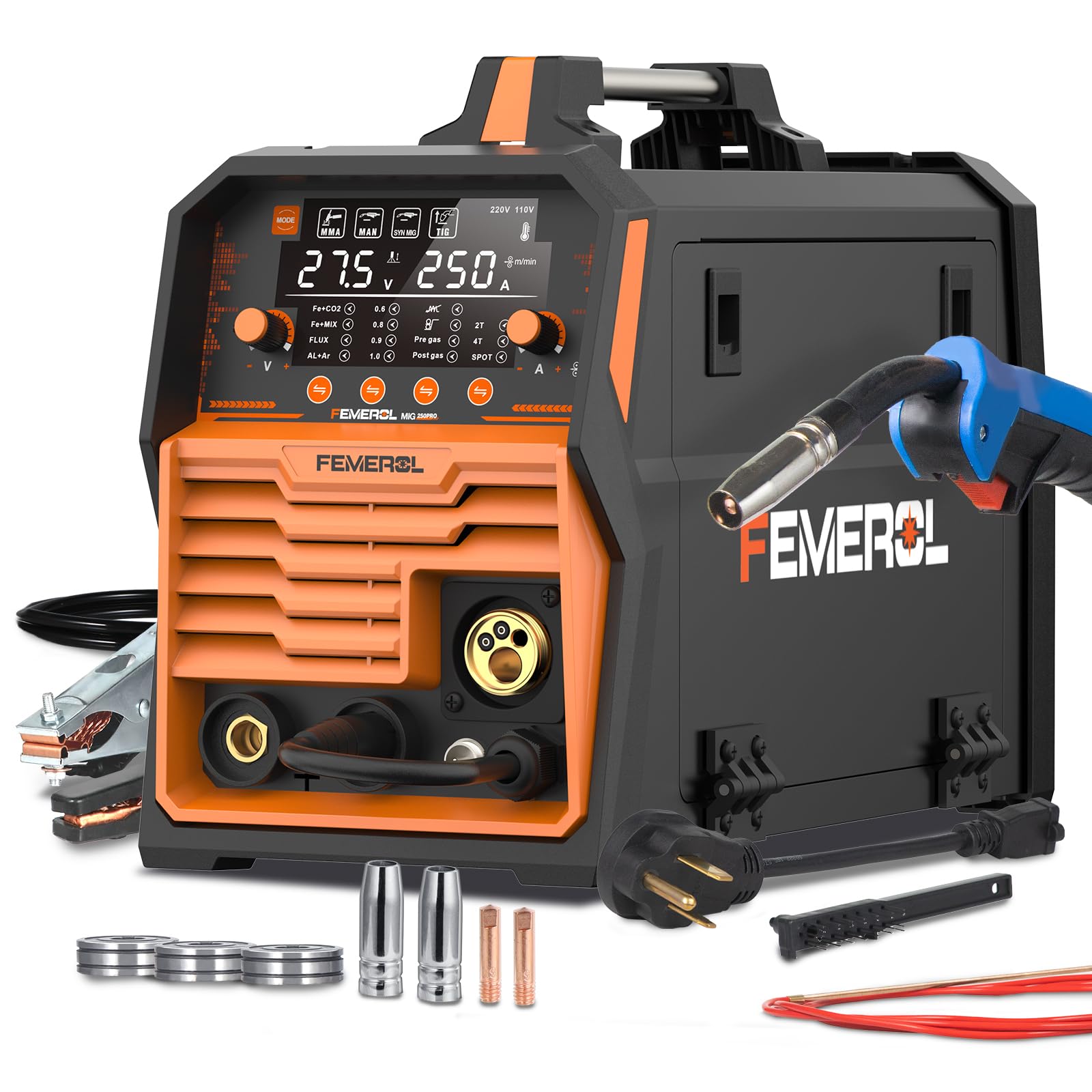 FEMEROL 250A MIG welder front panel view for easy setup and control.
