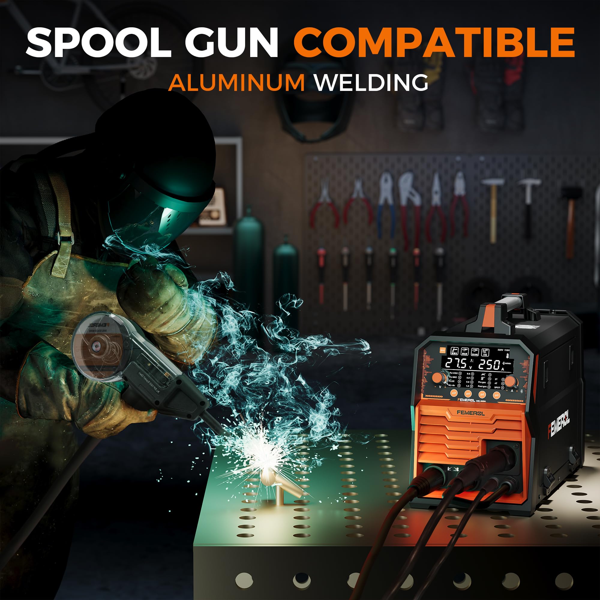 FEMEROL 250A MIG welder welding torch in use for precise joints.