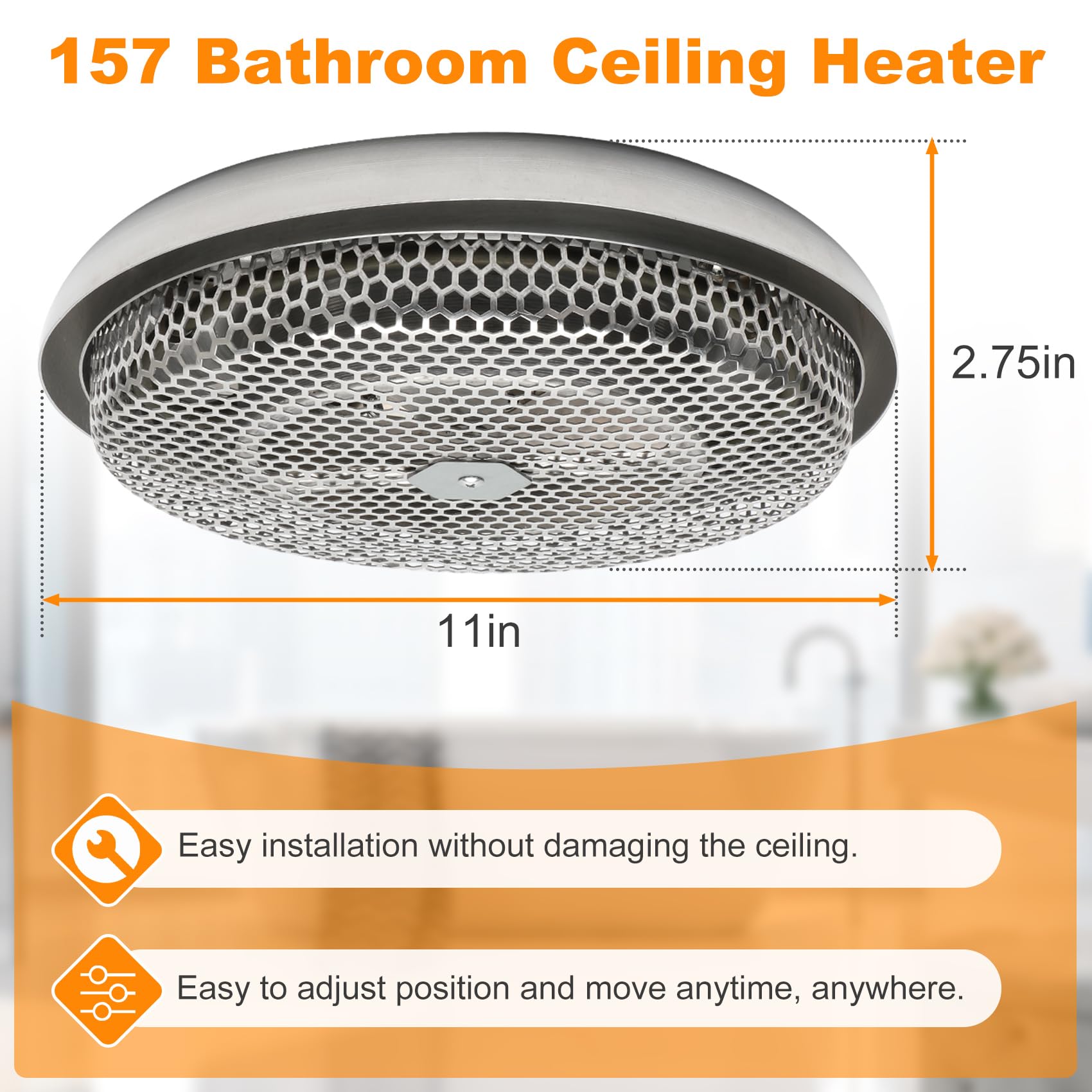 Femotic 157 ceiling heater side view showing discreet ceiling mounting suited for bathrooms.