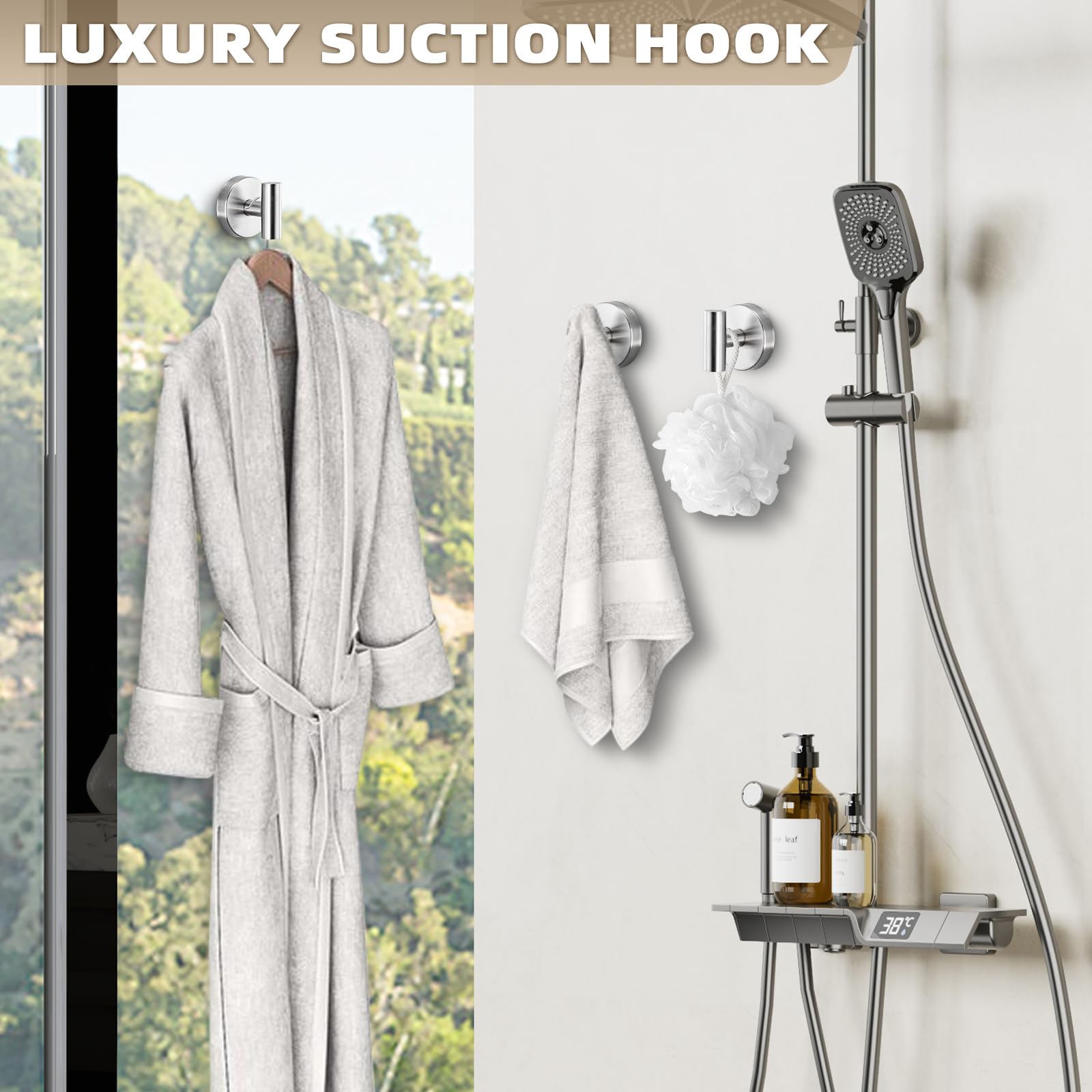 Fenas suction cup hook no-drill installation demonstrated in bathroom.