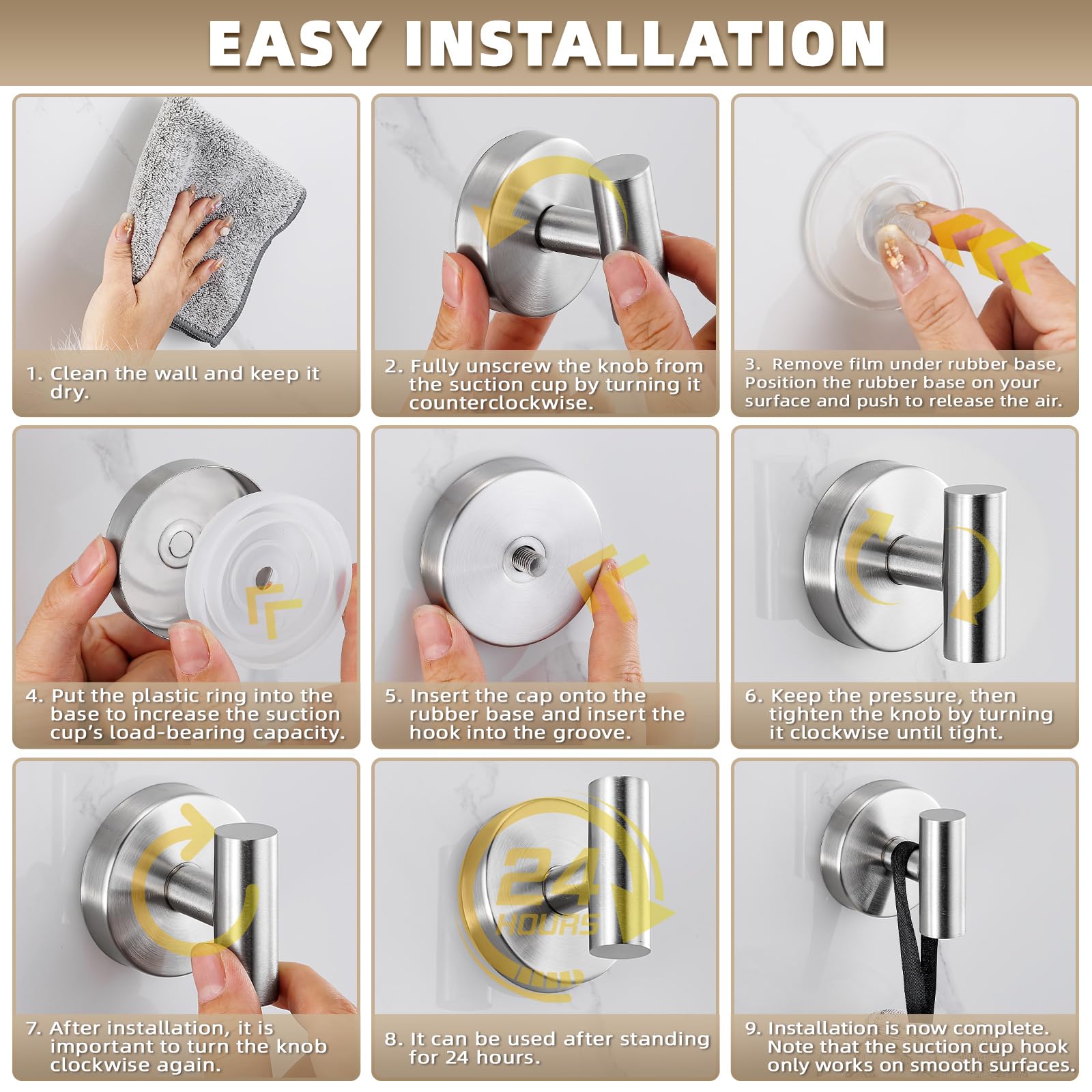 Fenas brushed nickel suction cup hook on metal surface with durable no-drill setup.