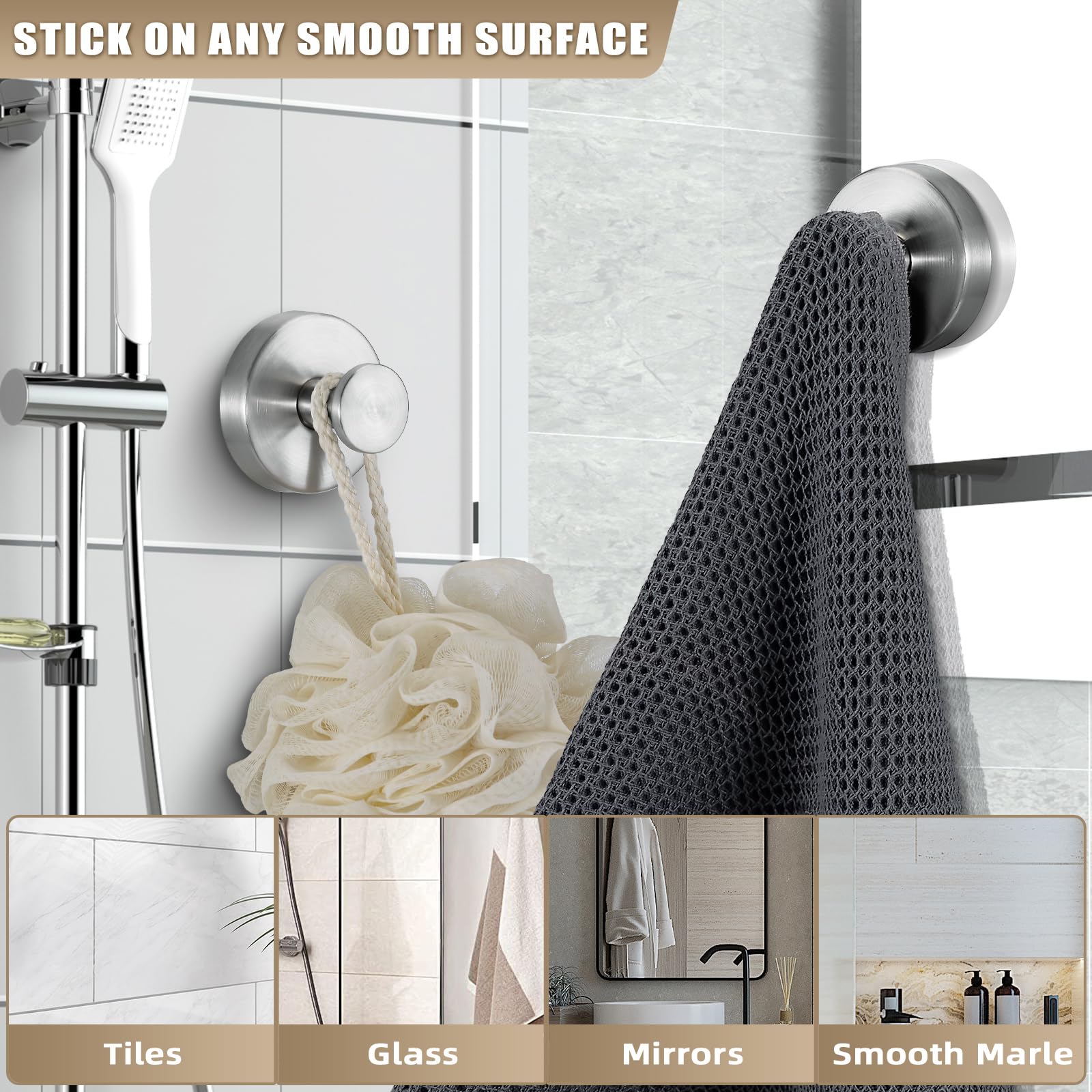 Fenas suction cup hook supporting a robe in a shower area with rust-free steel.