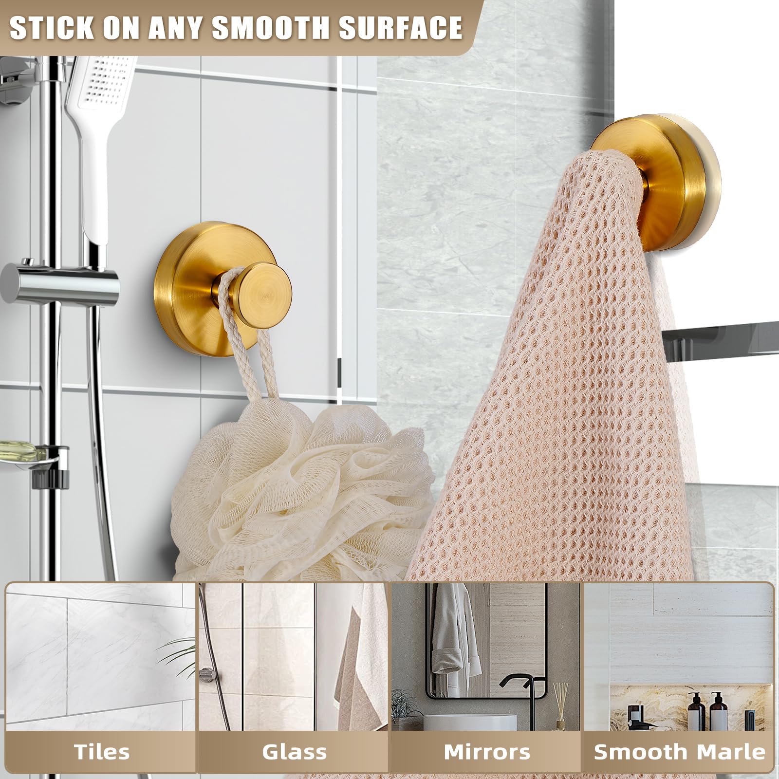 Fenas suction cup hooks mounted on a mirror for towels and loofahs