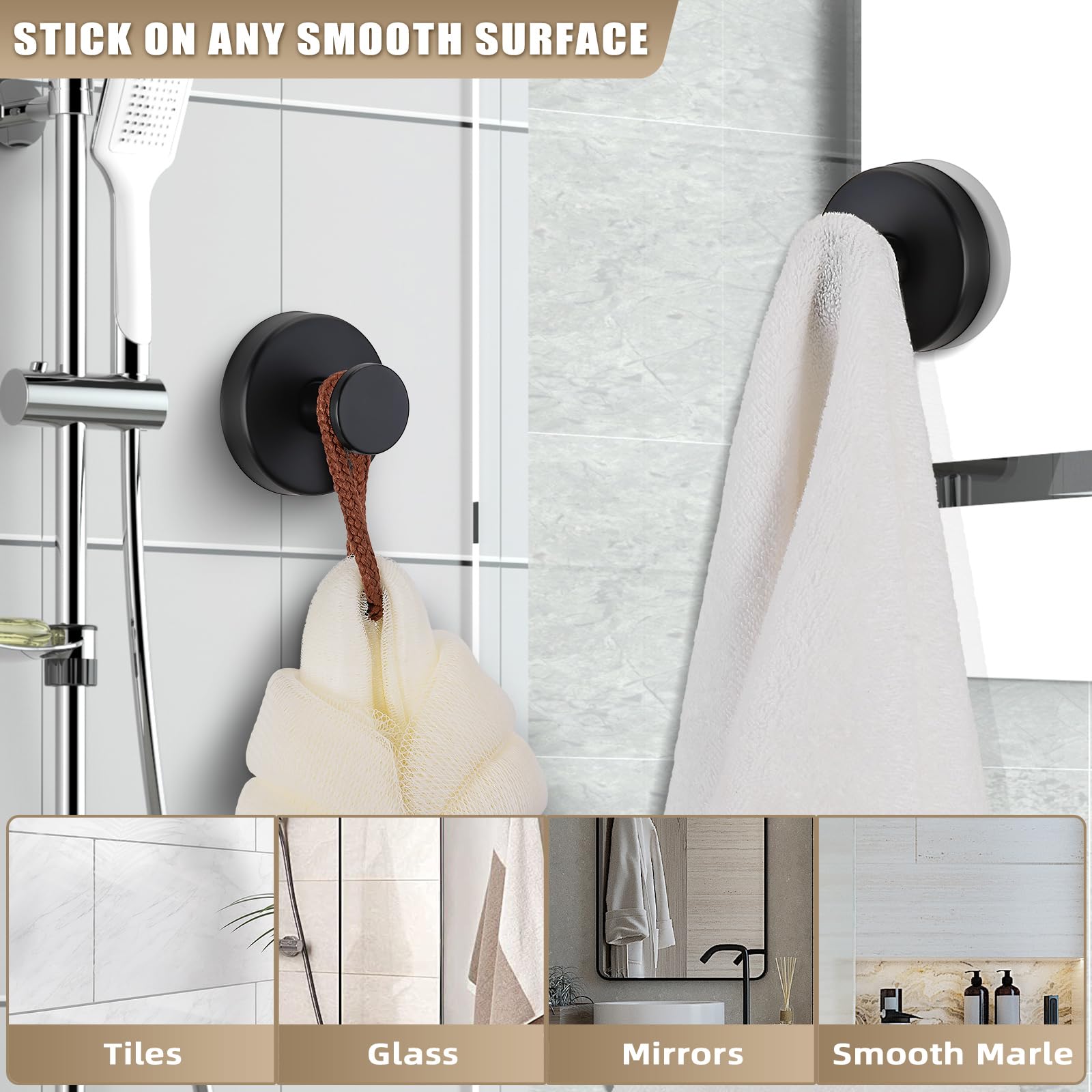Fenas suction cup hooks for towels and robes on shower wall in matte black