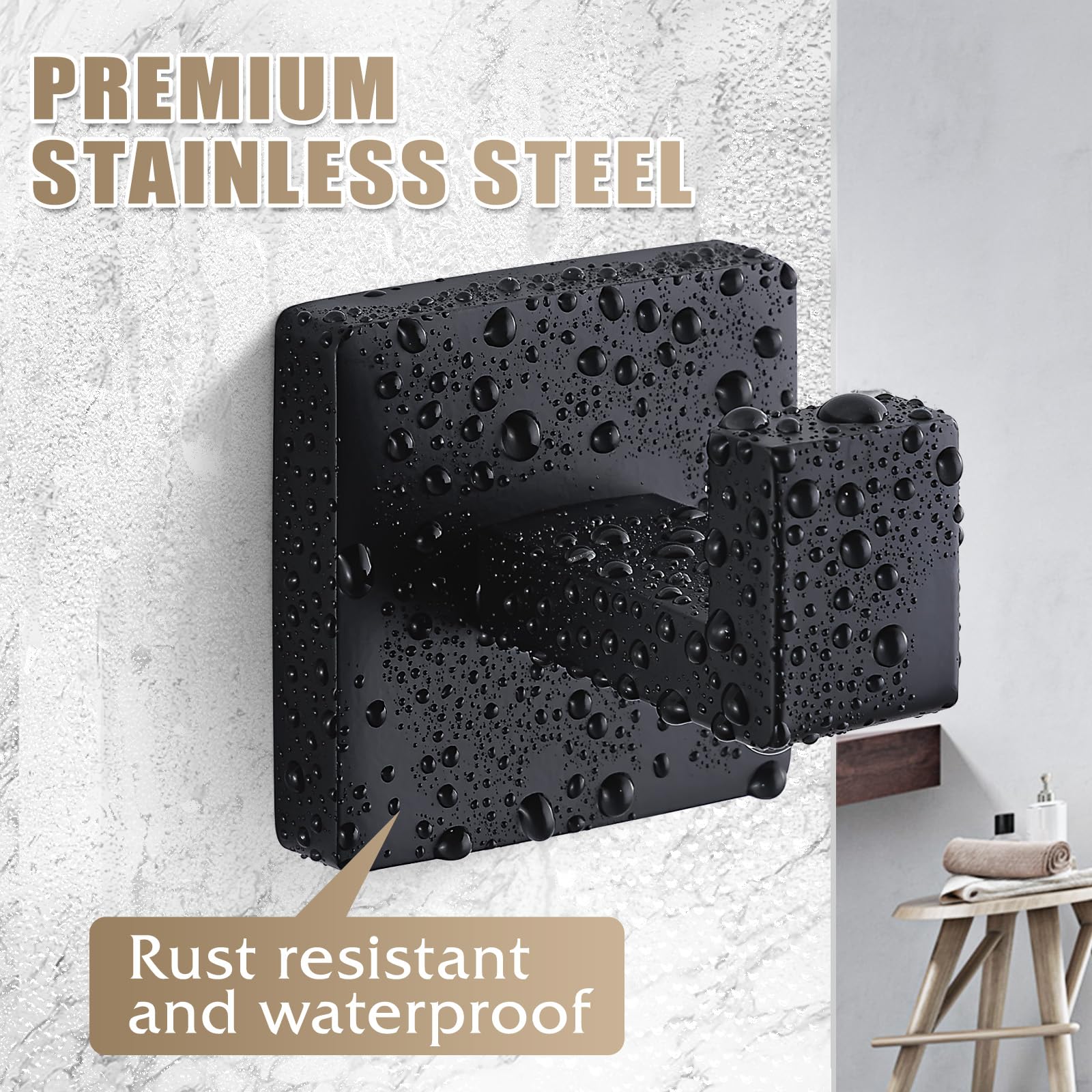 Fenas towel hooks in SUS304 stainless steel resist rust for long-lasting use.