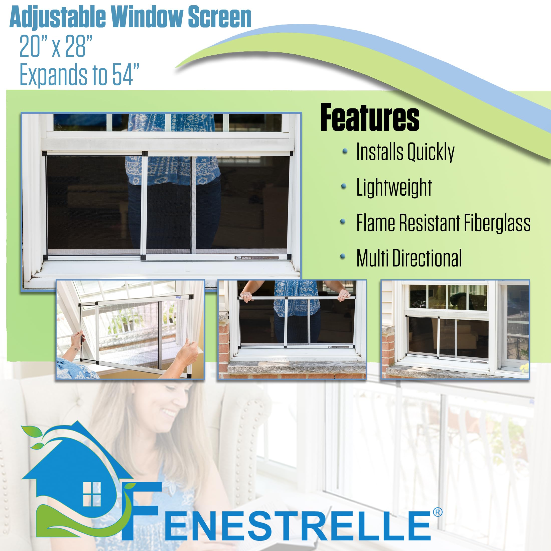 Fenestrelle expandable screen fully extended to 54 inches for wide openings and ventilation.