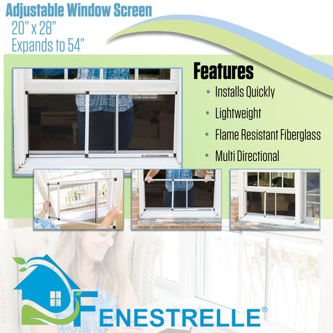 Fenestrelle expandable screen fully extended to 54 inches for wide openings and ventilation.