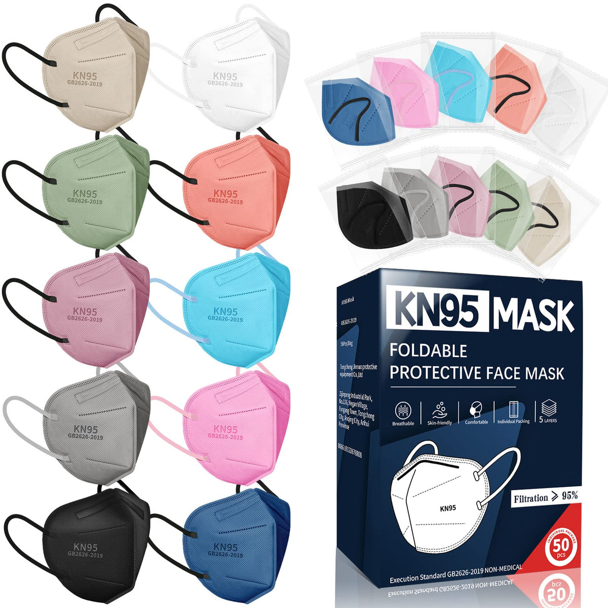 FENFEN KN95 face masks 50-pack in ten colors for daily wear