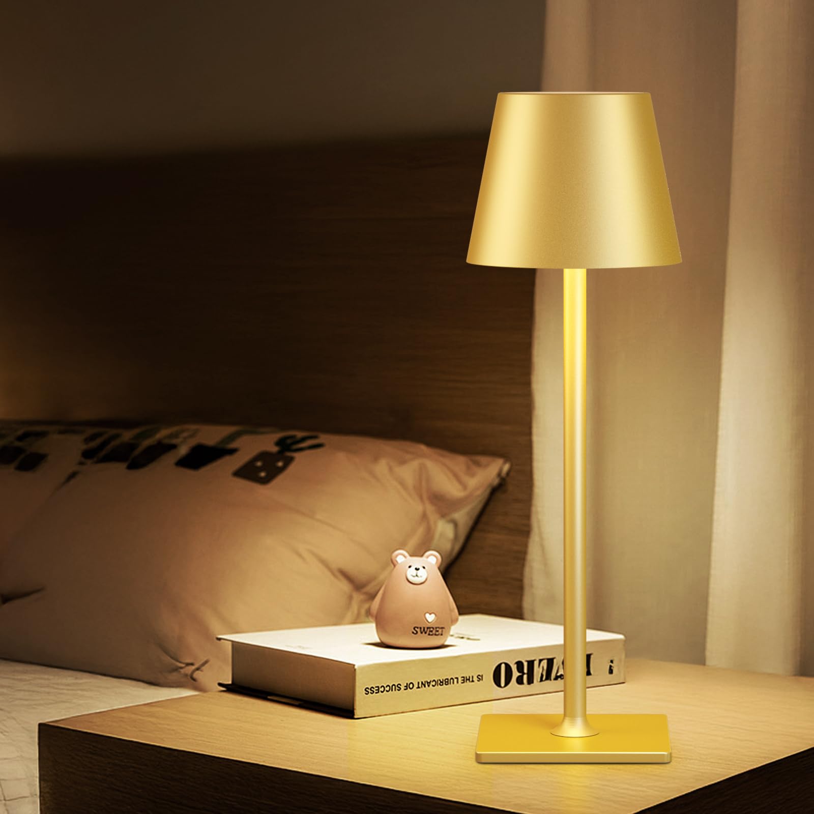 FenFud gold cordless lamp enhances indoor living room lighting.