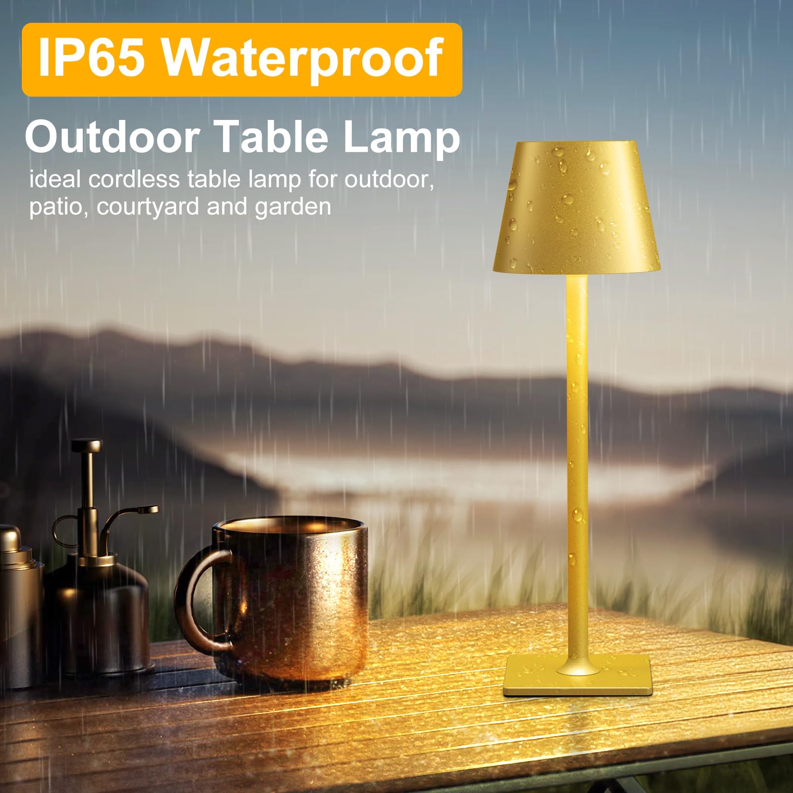 FenFud gold cordless lamp outdoors ready with IP65 waterproof protection