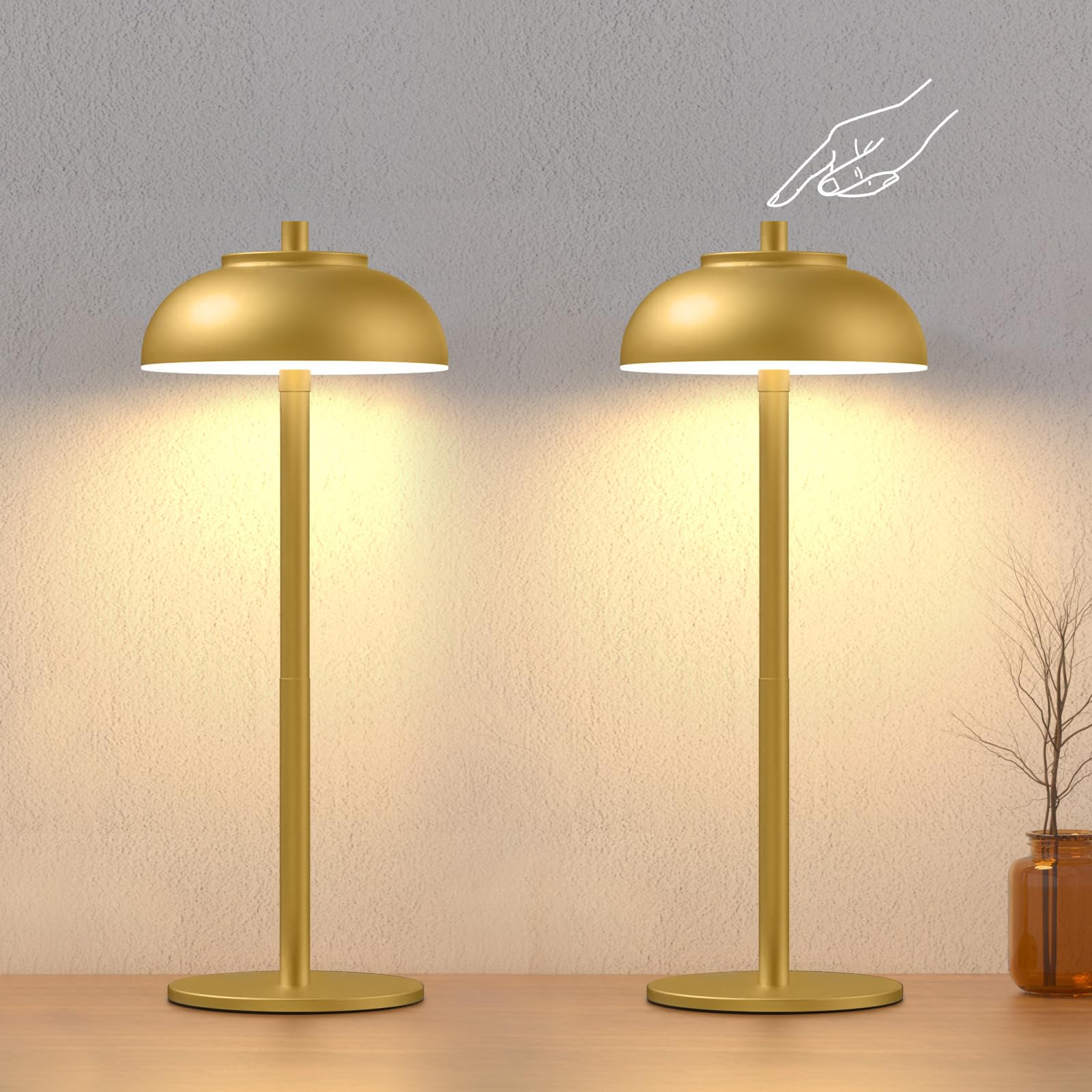 FenFud two-pack cordless table lamp in gold on a dining table for ambient lighting.