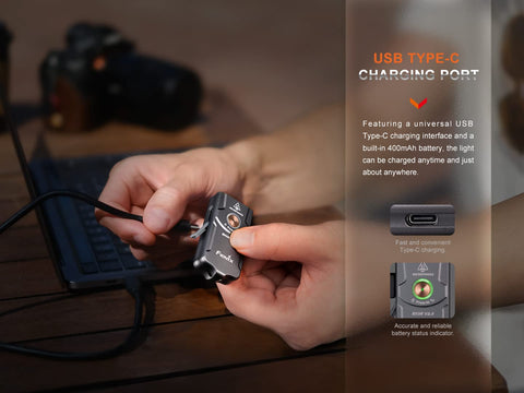 Fenix E03R v2.0 package includes keychain, USB-C cable, and organizer