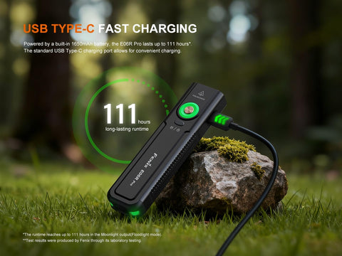 Fenix E06R Pro IP66 rating and 1.5m drop resistance for rugged use.