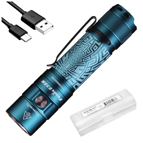 Fenix E35R front view shows a compact, navy maze-pattern housing for everyday carry.