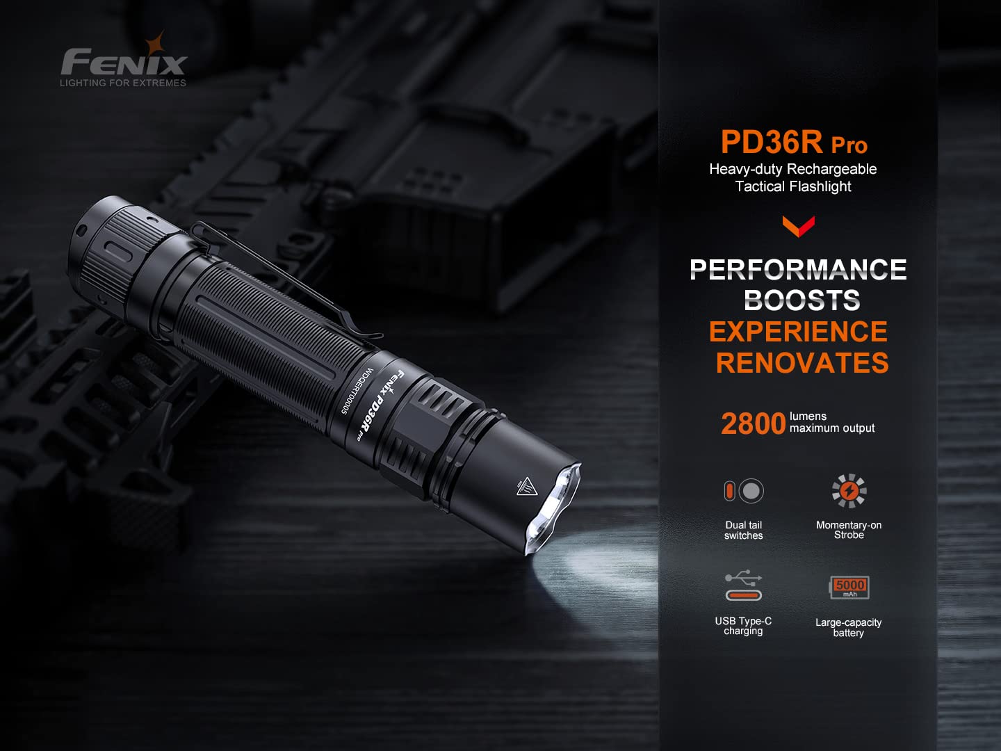 Fenix PD36R Pro side view emphasizes dual-switch control for versatile operation.
