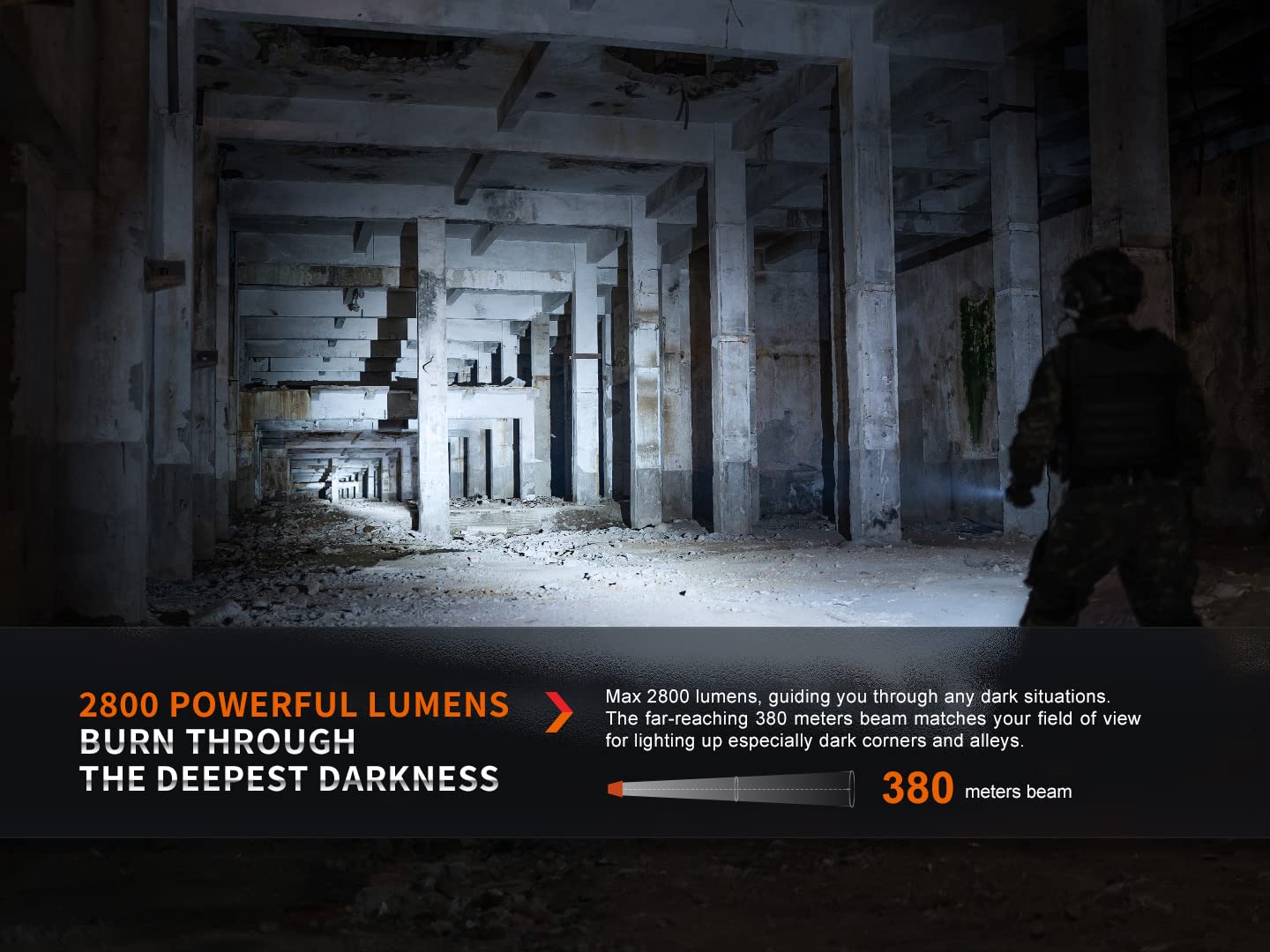 Fenix PD36R Pro turbo beam showcases 2800 lumens for long-range visibility.