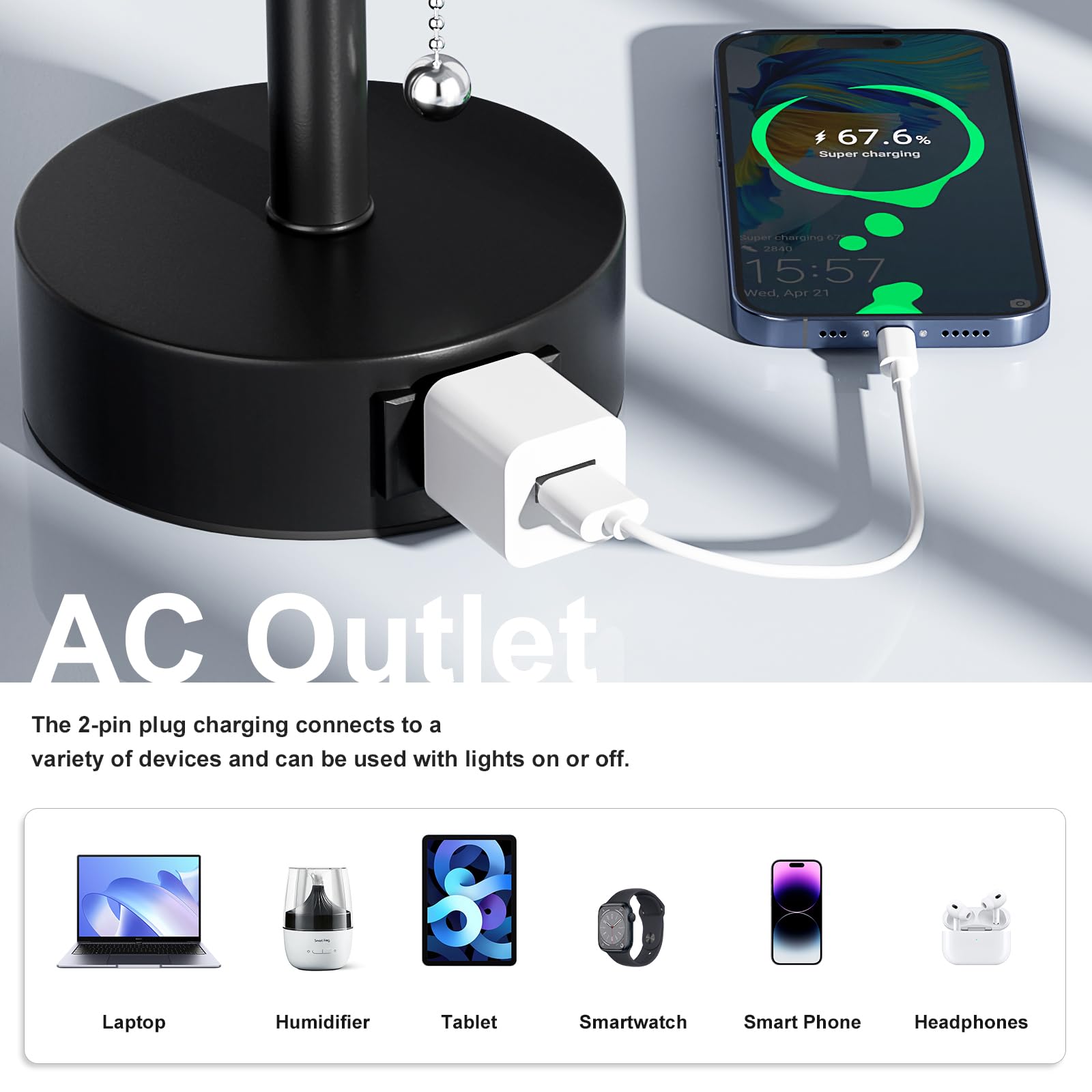 Fenmzee bedside lamp features AC outlet port for easy device charging.
