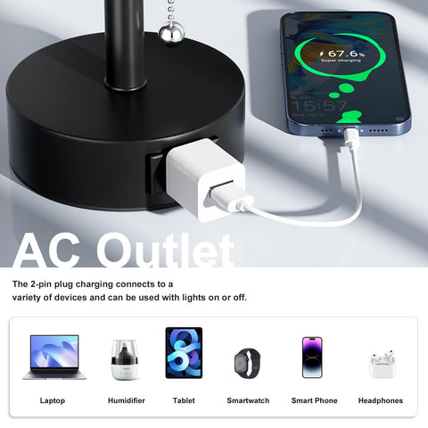 Fenmzee bedside lamp features AC outlet port for easy device charging.