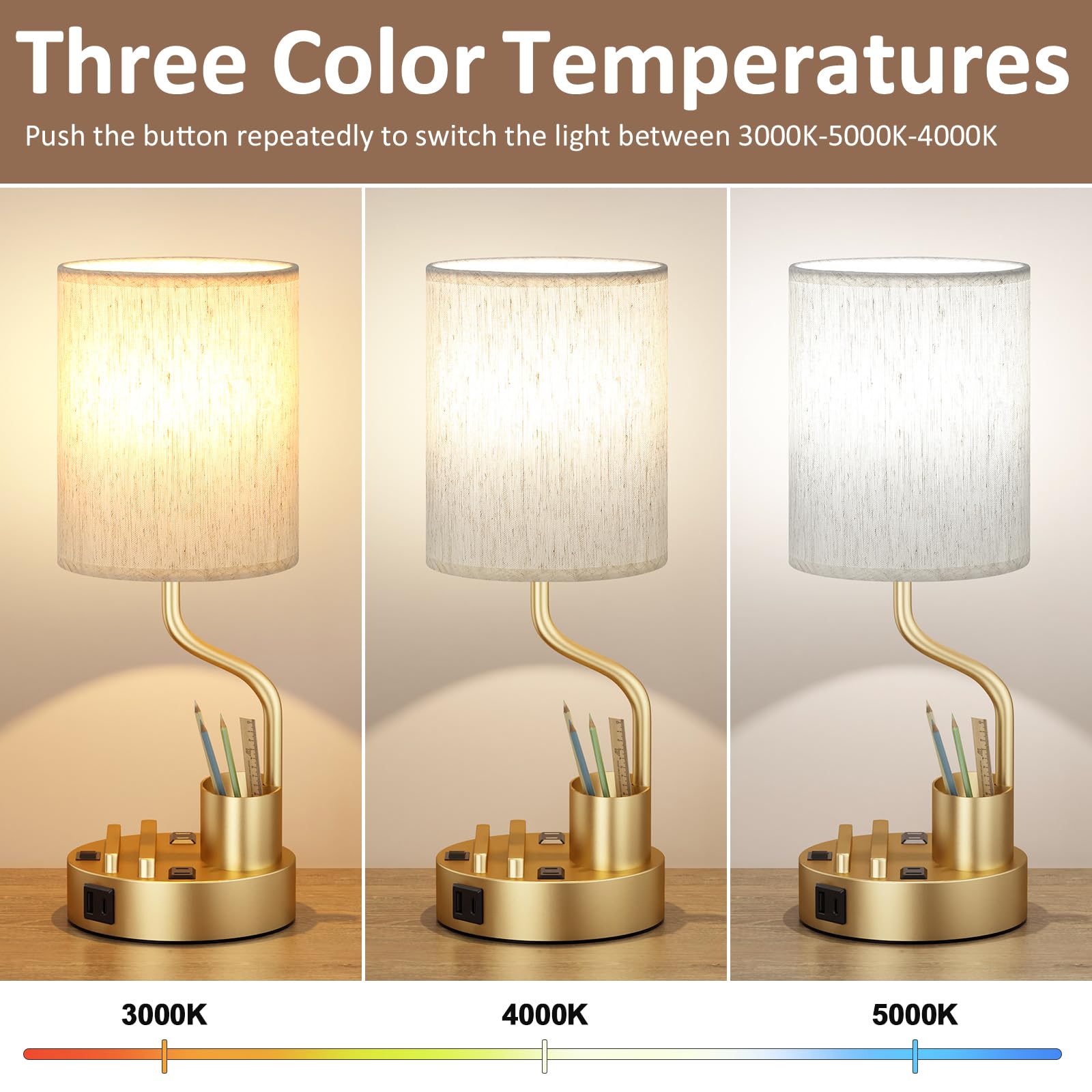 Fenmzee bedside lamp displaying three color temperatures for warm to bright tasks.