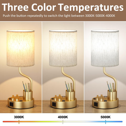 Fenmzee bedside lamp displaying three color temperatures for warm to bright tasks.