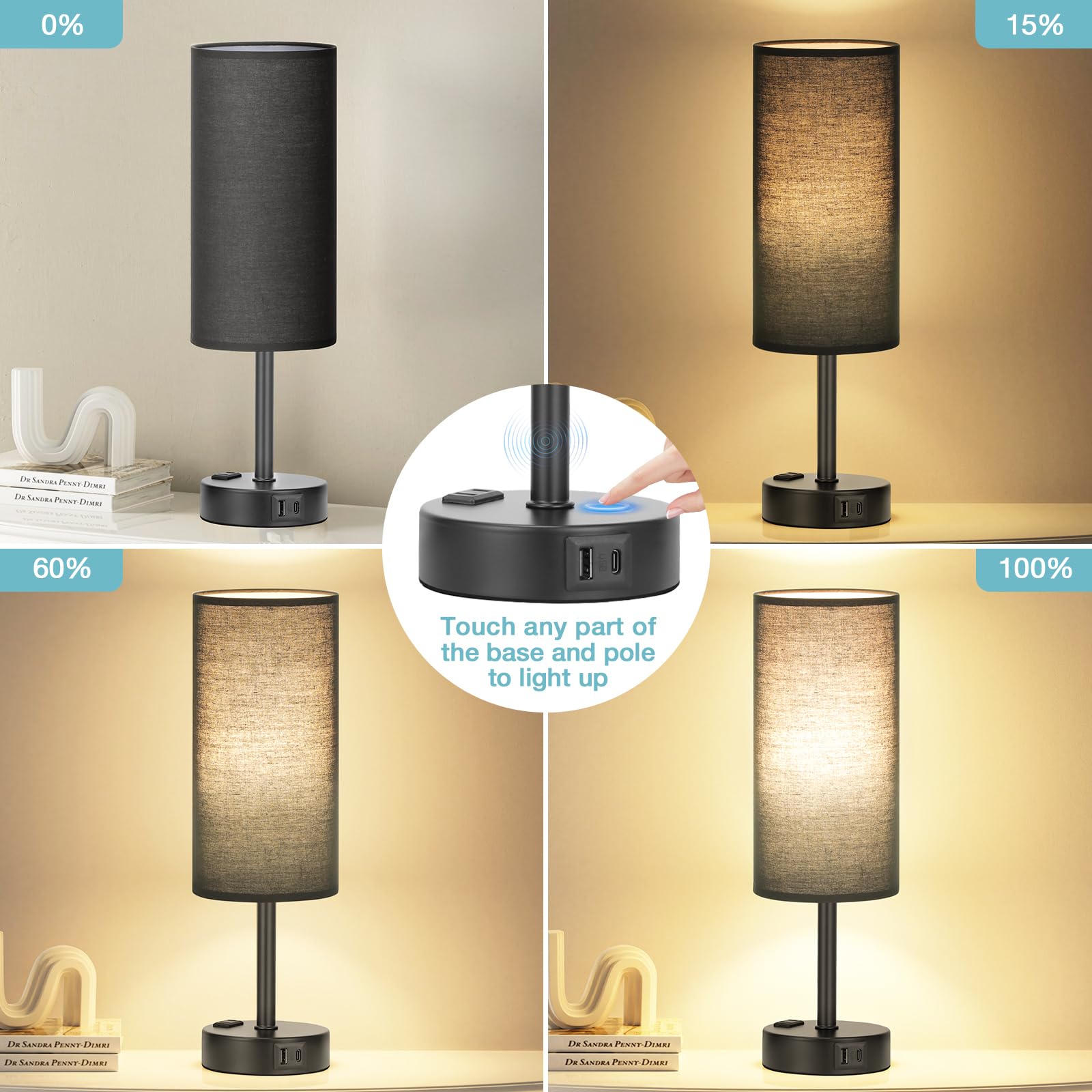 Fenmzee bedside lamp touch-control base for quick brightness adjustments.