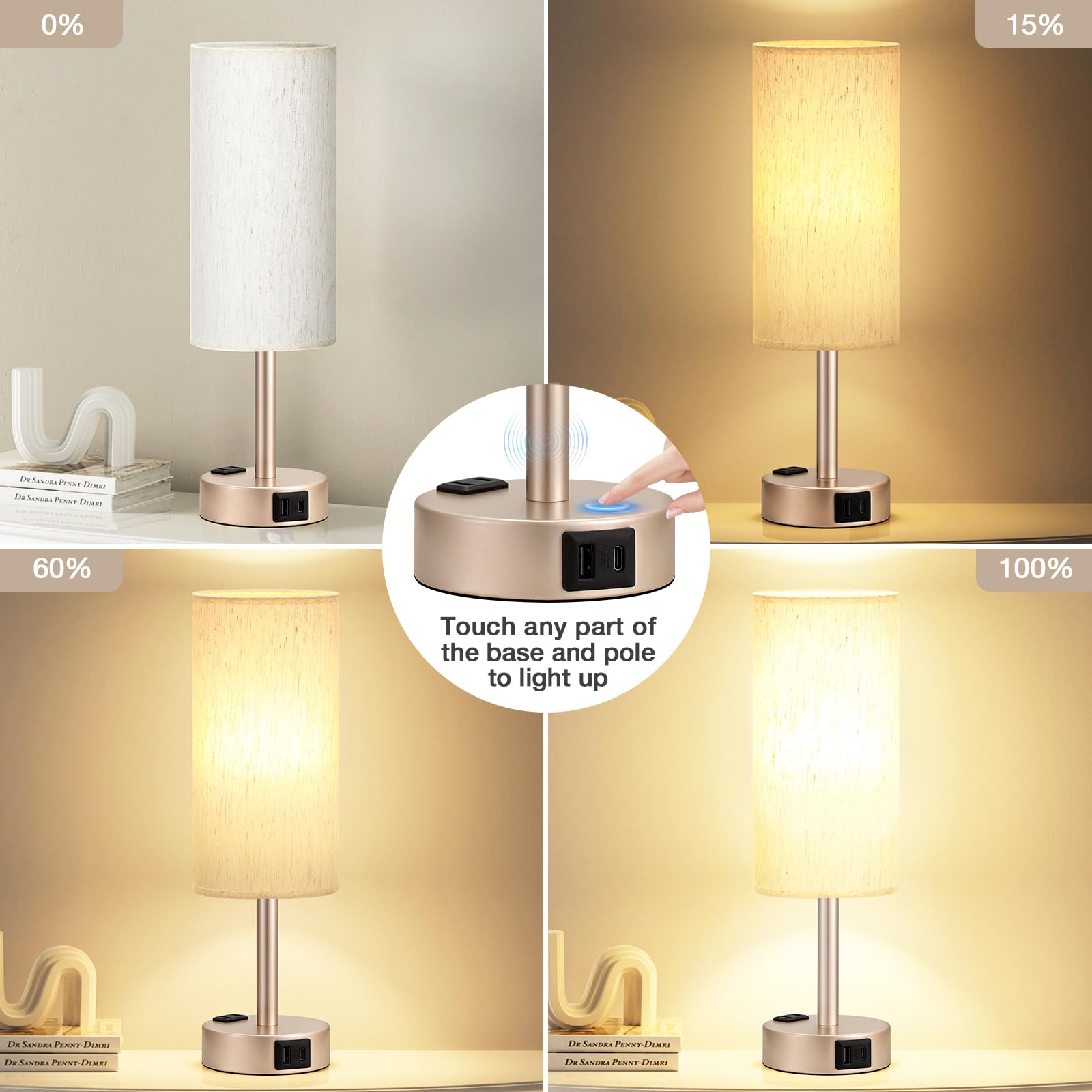 Fenmzee lamp showing touch control and dimming levels for reading