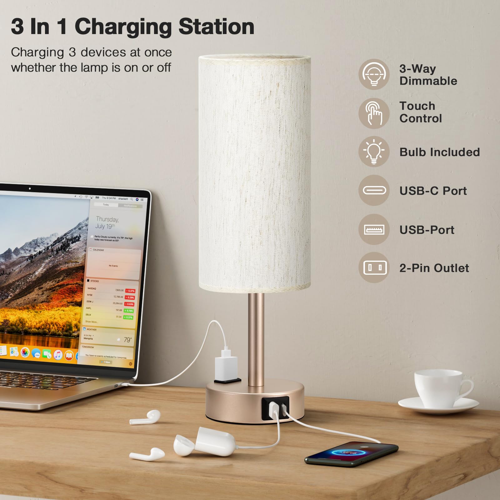 Fenmzee lamp USB-A port and outlet for nighttime charging