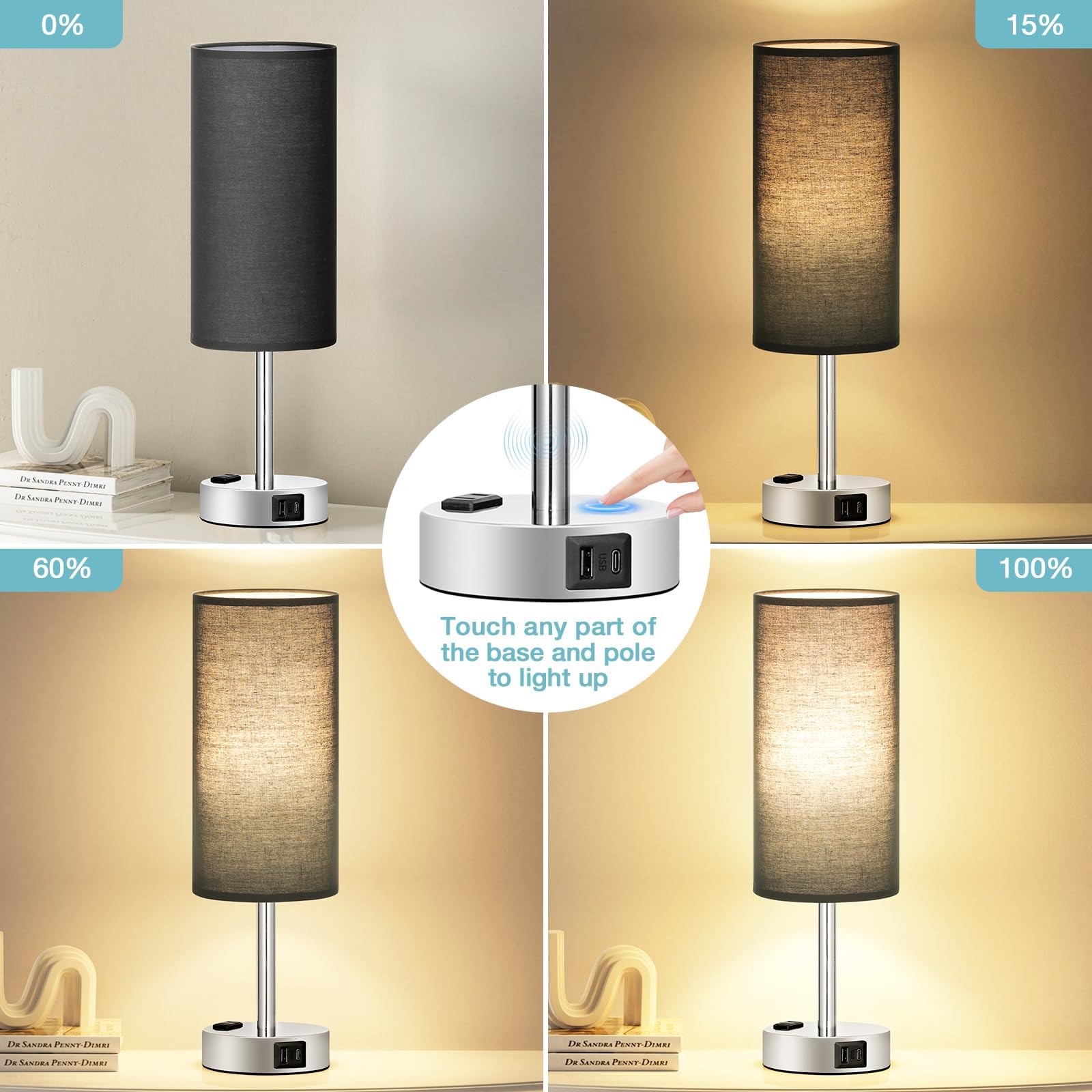 Fenmzee bedside lamp showing USB-C and USB-A ports for convenient device charging