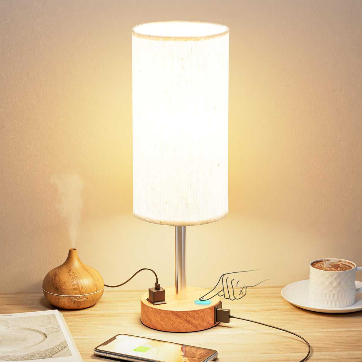 Fenmzee bedside lamp with wood base for a warm, natural look.