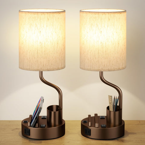 Fenmzee bedside lamps 2-pack with dual outlets and USB ports for organized charging.