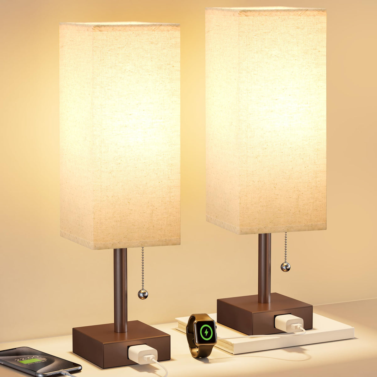 Fenmzee bedside lamps on a nightstand with warm ambient light for reading