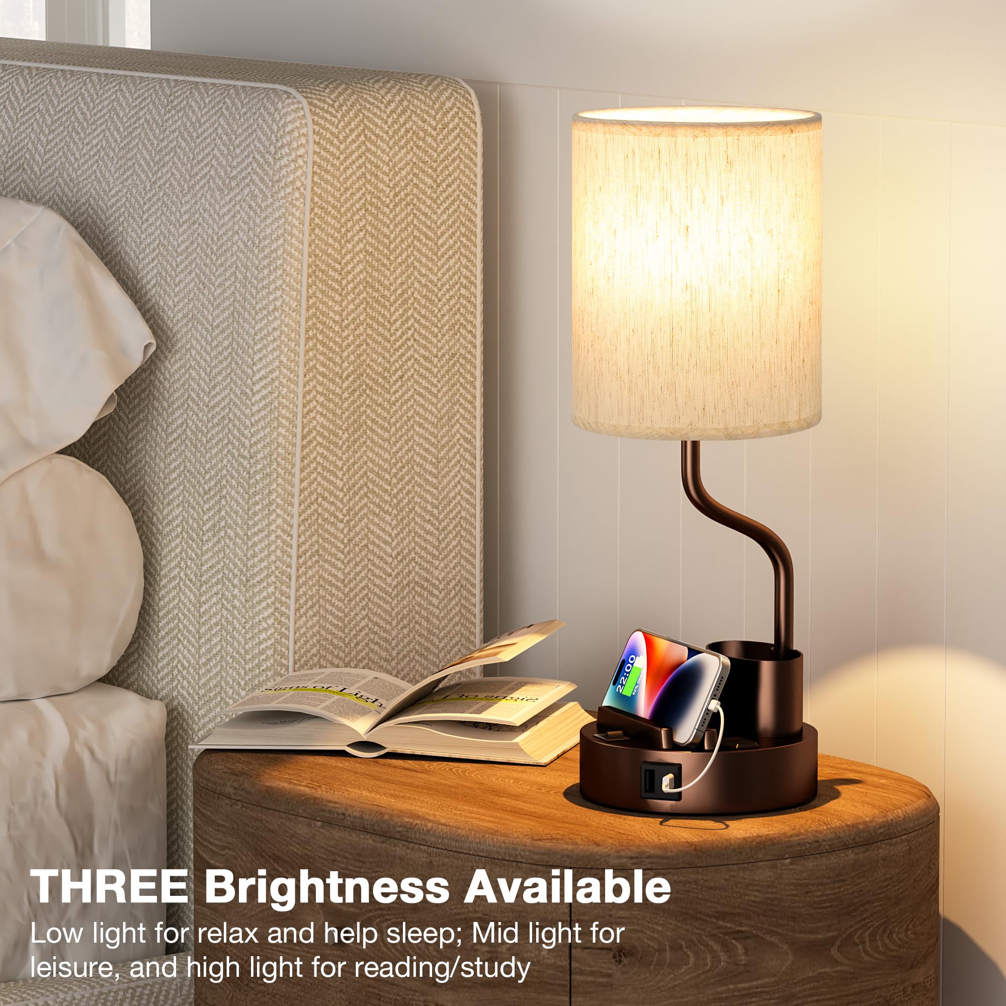Fenmzee brown-based cream-shade bedside lamps blend with rustic and modern decor.