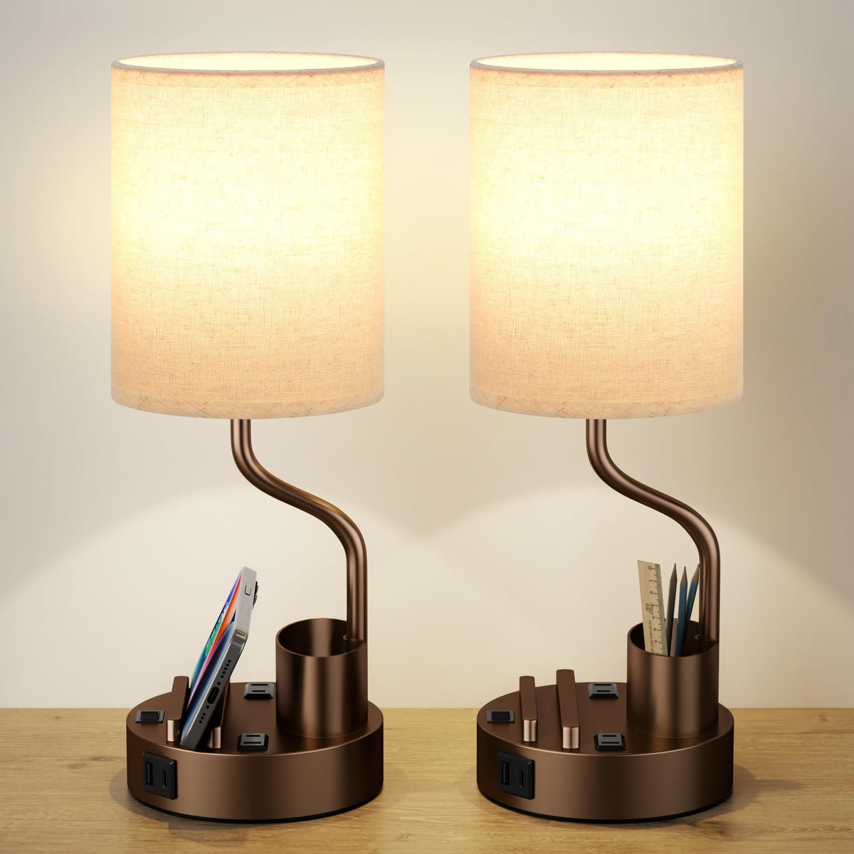 Fenmzee bedside lamps set of 2 with beige base and cream shade for cozy bedrooms
