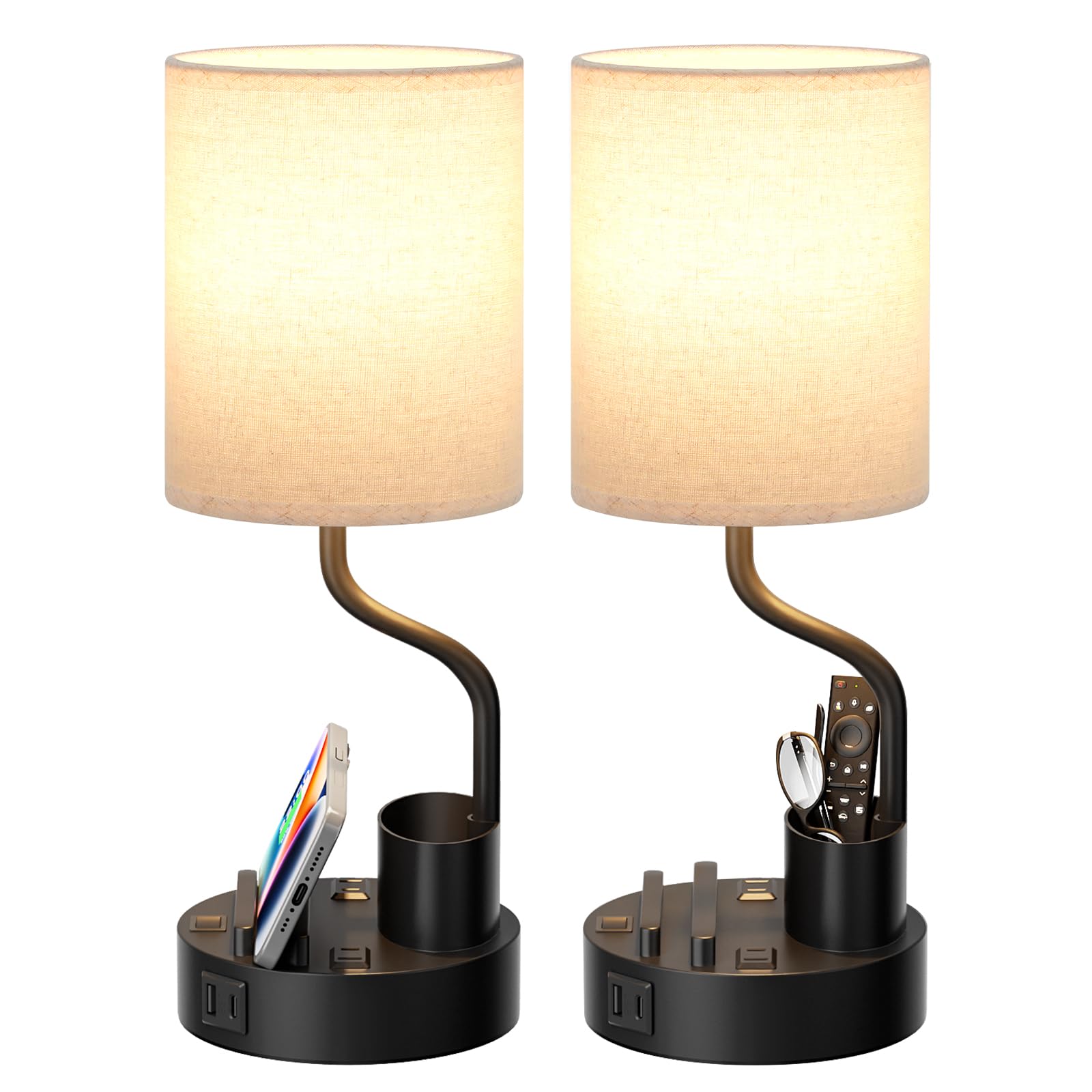 Fenmzee bedside lamps set of 2 with black bases and beige shades enhance nightstand style.