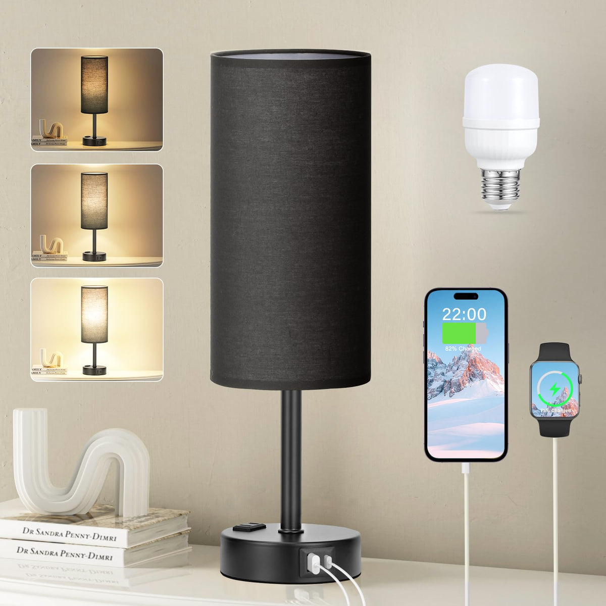 Fenmzee black bedroom lamp front view showing compact bedside silhouette and warm glow.