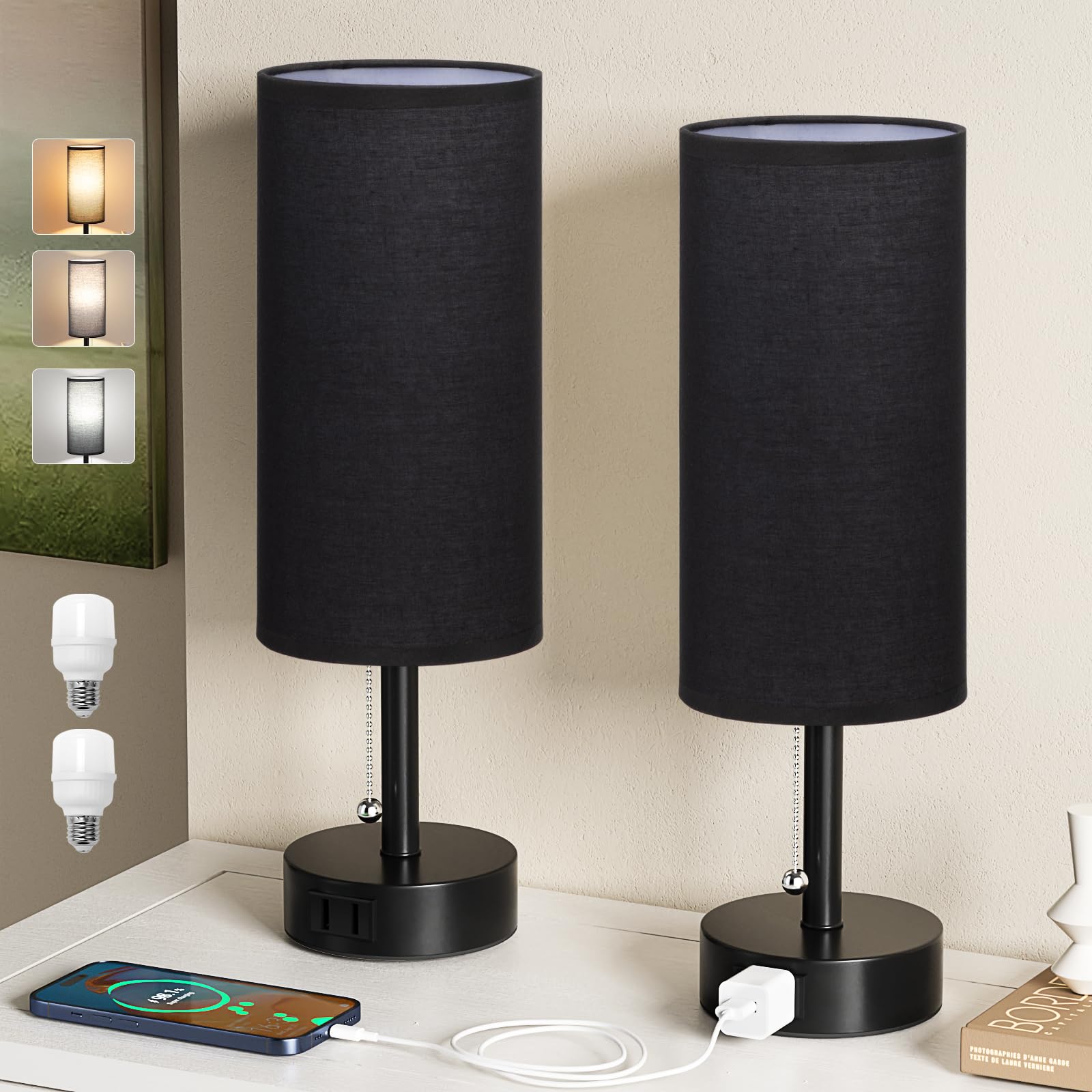 Fenmzee black bedside lamp with three color temperatures for versatile ambiance.