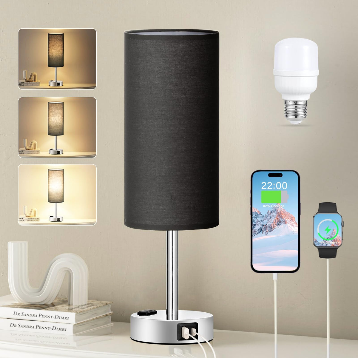 Fenmzee black bedside lamp with silver base for ambient nightstand lighting
