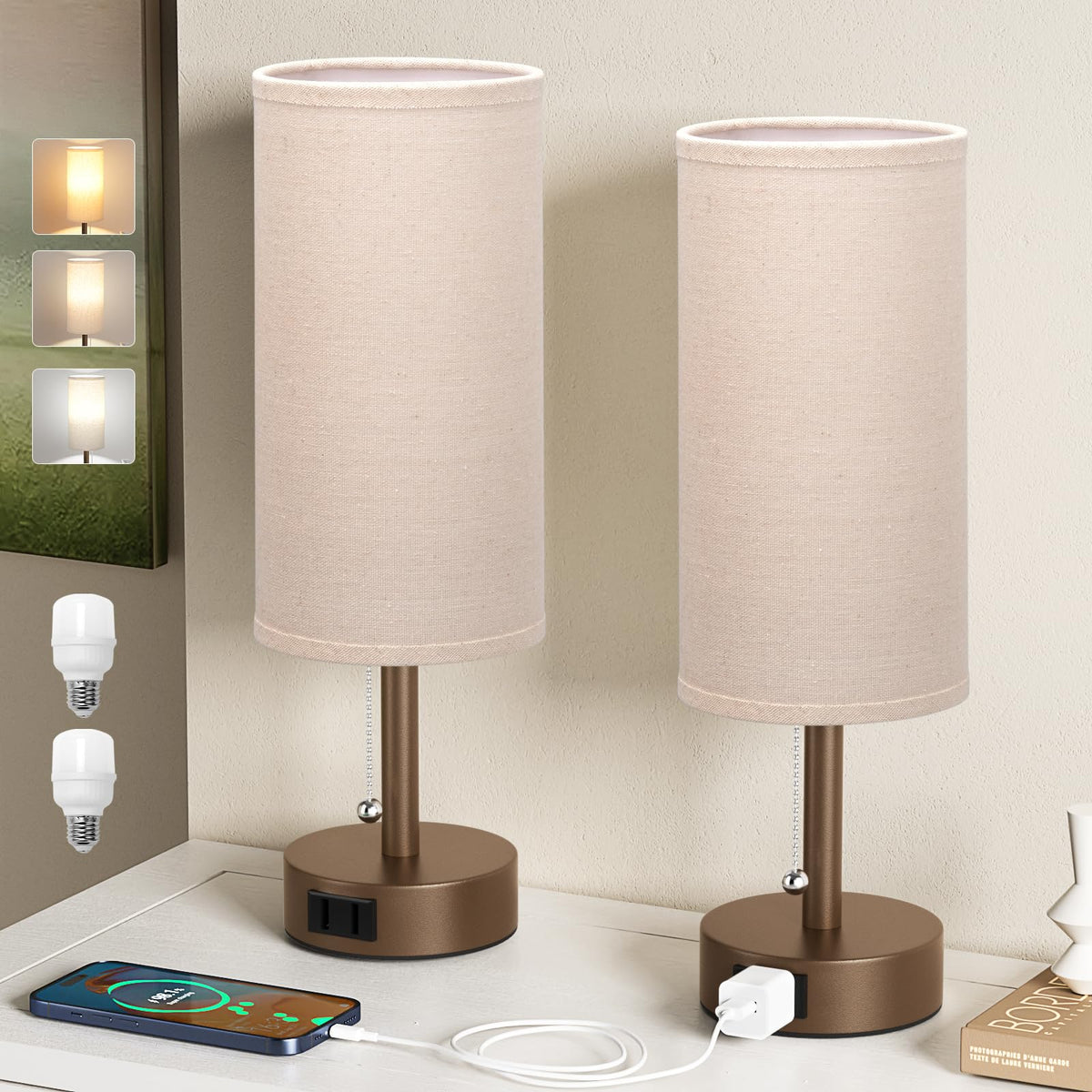 Fenmzee brown bedside lamps with 3 color temps for mood lighting.