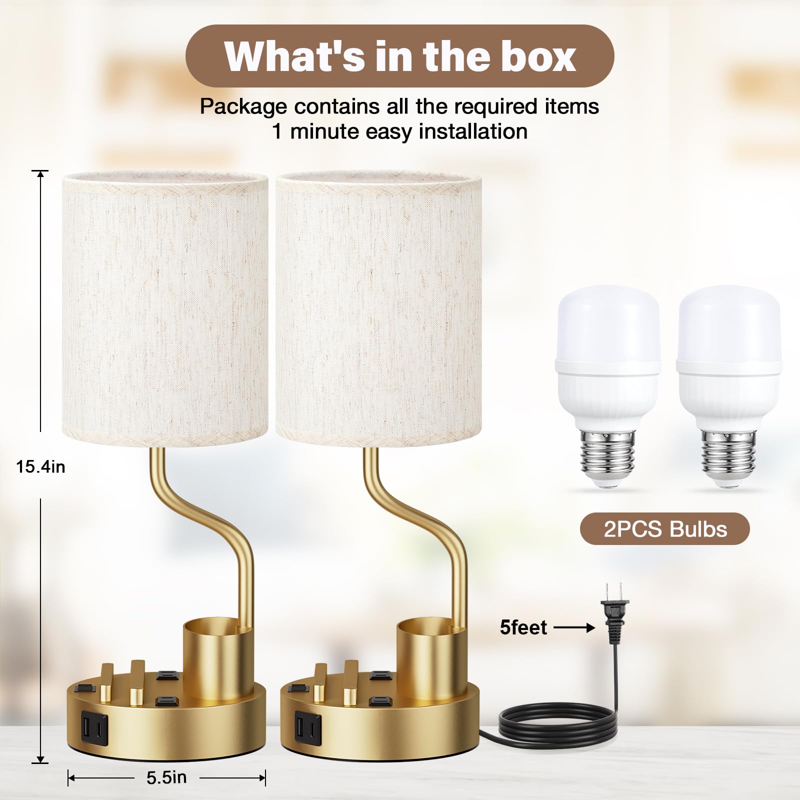 Fenmzee gold-base lamp featuring built in phone and pen holders for organized work.