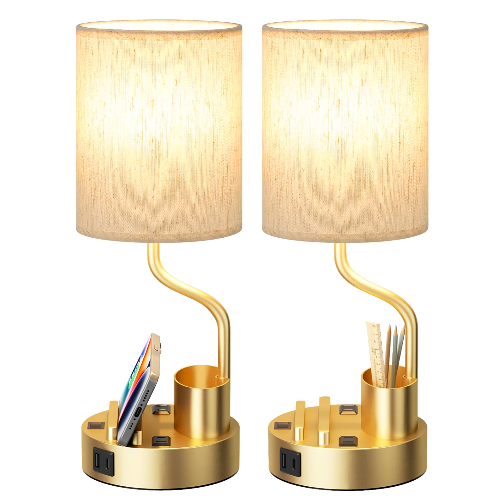 Fenmzee gold-base bedside lamp with two outlets and USB ports for convenient charging.