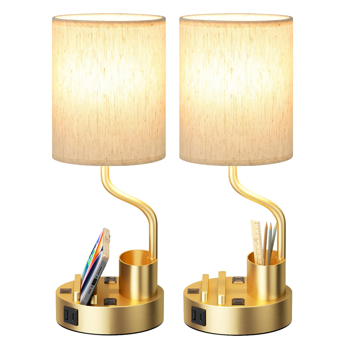 Fenmzee gold-base bedside lamp with two outlets and USB ports for convenient charging.
