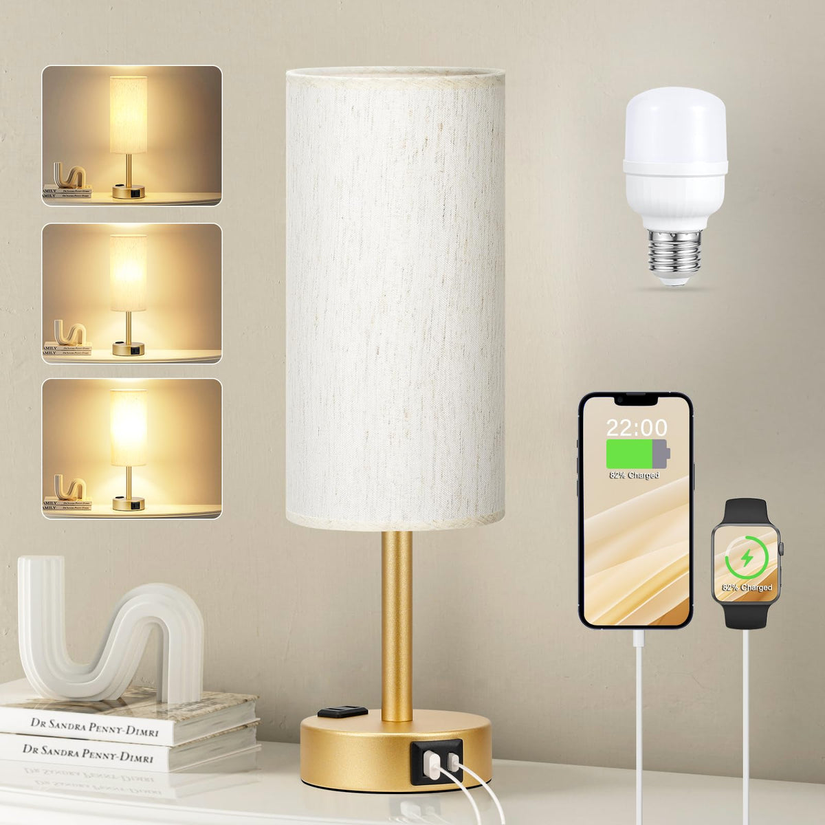 Fenmzee Gold Nightstand Lamp base with touch control for three-way dimming.